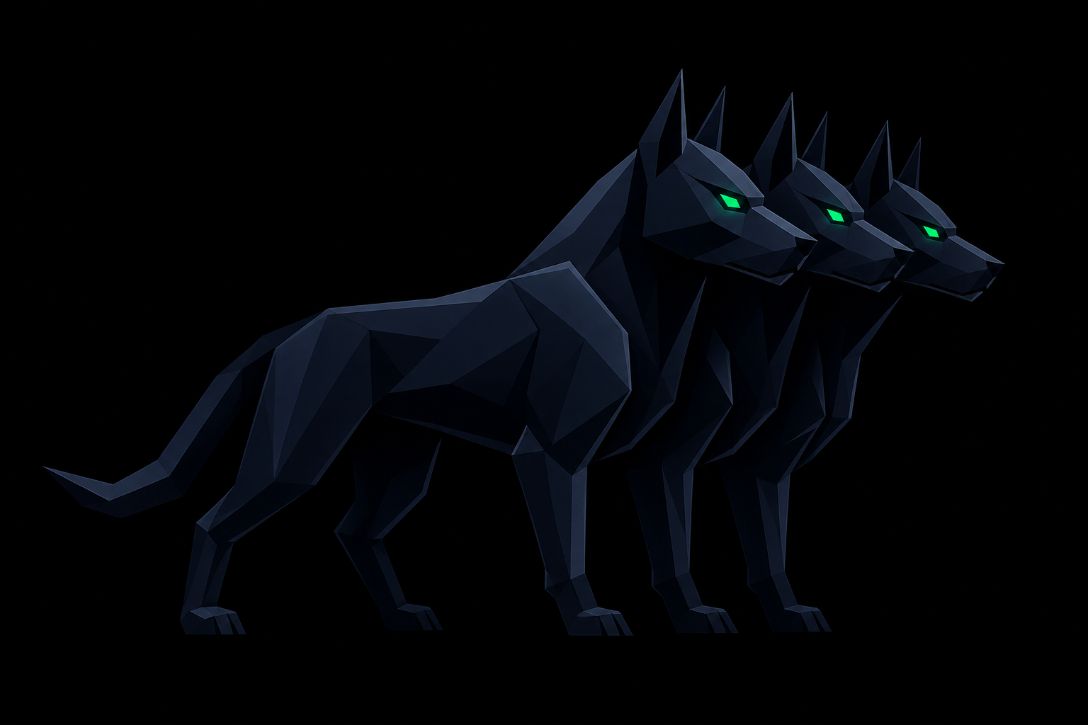 Cerberus in profile, eyes on the gate