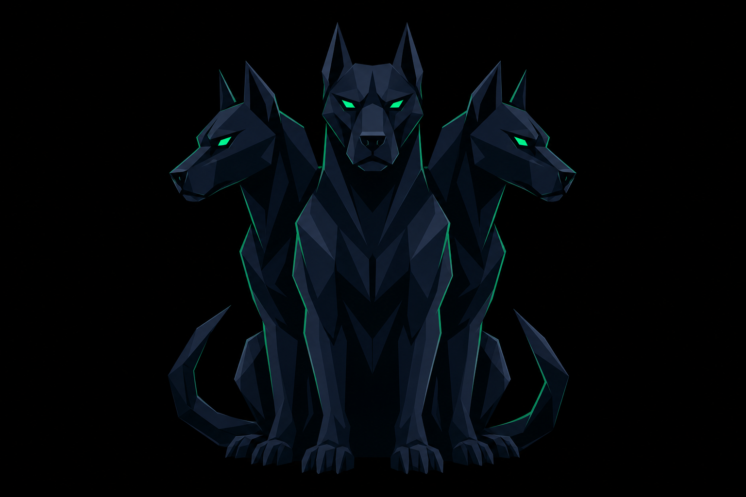 Cerberus sitting calmly, watchful